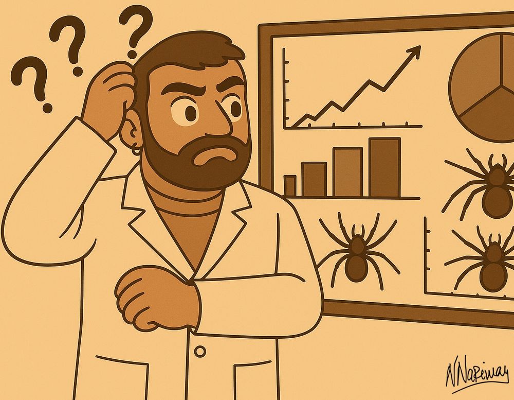 Cartoon illustration of a dark-haired, bearded researcher wearing a white lab coat and a small hoop earring. He scratches his head with a worried expression while standing in front of a presentation board. The board shows a zig-zagging upward line graph, a vertical bar chart, a circular pie chart, and several spider silhouettes, all hinting at invasion data. Three large black question marks hover above his head, emphasizing confusion. The background and chart elements use muted beige and brown tones that match the scientist’s lab coat and overall palette.