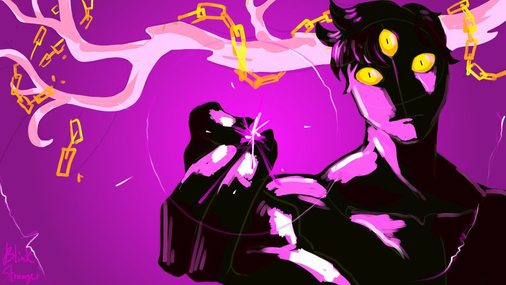 Screenshot redraw of jujutsu kaisen, where imaginary purple is performed. Instead of the original character, drawn the digital art is humanoid creature with big anthers with golden chain wrapped around it.