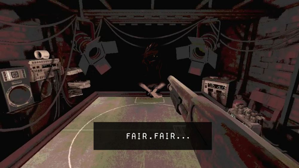 Same dark figure now handcuffed and bleeding utters "Fair. Fair..." as barrel of shotgun aimed at them from viewer