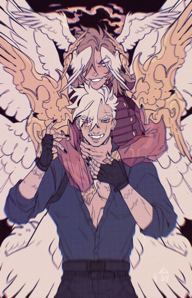 An angel possessively holding onto a human who is half transformed into a hybrid form of the hellhound that has him possessed. 