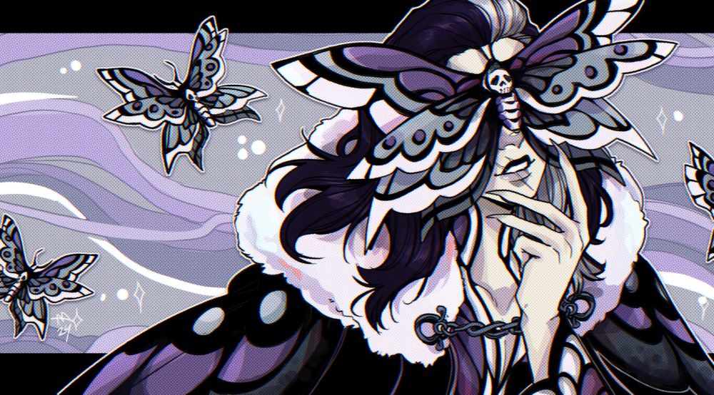 A moth themed character with their eyes covered. 