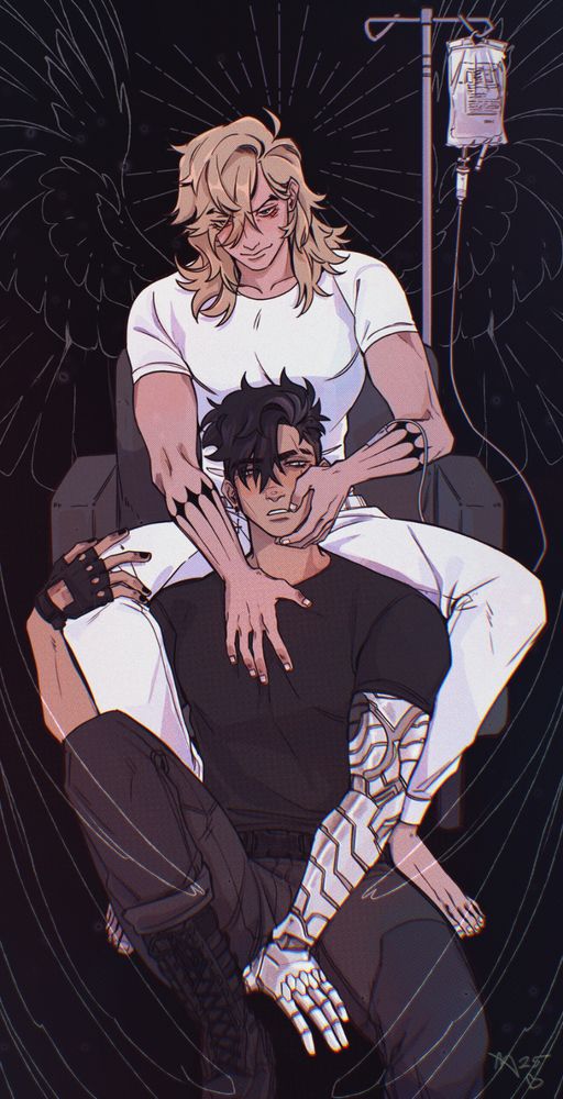illustration of two characters, one seated in a chair while the other is seated on the ground in front of the seat. The blonde (Alistair) has his hands possessively around the character on the floor (Varion). 