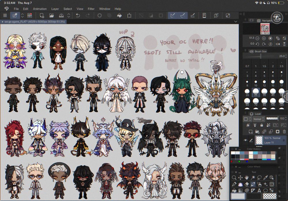 A clip studio screenshot of SEVERAL chibis. 

Text reads "YOUR OC HERE!! SLOTS STILL AVAILABLE!"

Almost 60 total!