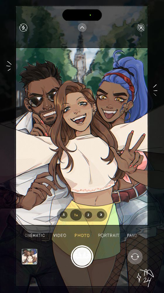 Three characters posed for a selfie. The girl in the middle is holding the phone, while the girl to her right is holding the man to their left in frame. 