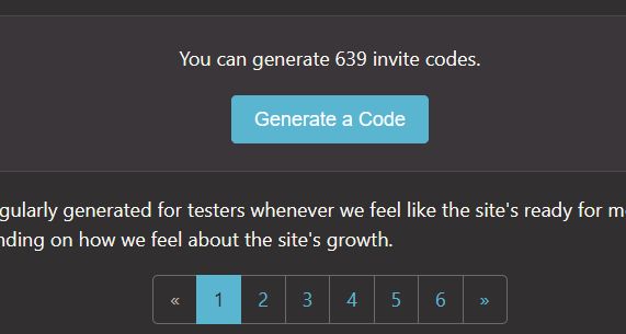 a screenshot of the invitations page on toyhouse. It reads "You can generate 639 invite codes". It also includes cut off text talking about the sites alpha format, as well as six pages of already generated codes.