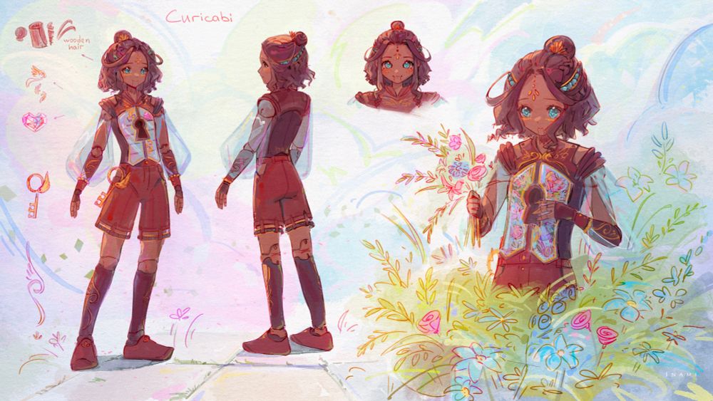 CuriCabi vtuber reference sheet. Front and back view of a character with a wooden body, a curio cabinet front as their chest piece, and a closeup of Cabi in a field, holding a bouquet with flowers inside his chest. 