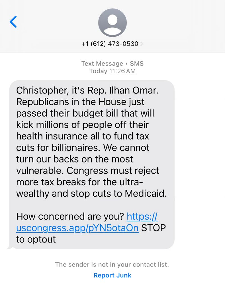 Text message saying its from my rep for the site “uscongress.app”
