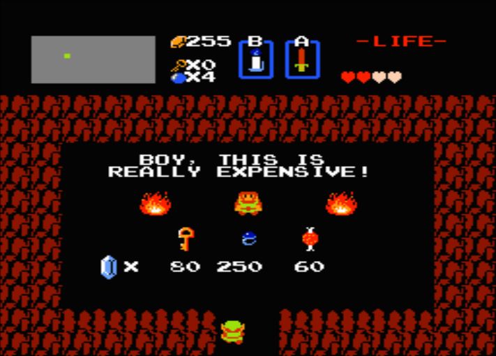 NES Zelda 1 shopkeeper quote "Boy this is really expensive!"