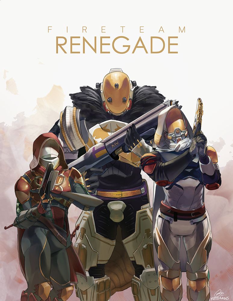 a fireteam illustration of a tall titan with two hunters beside him. theyre dubbed as fireteam renegade