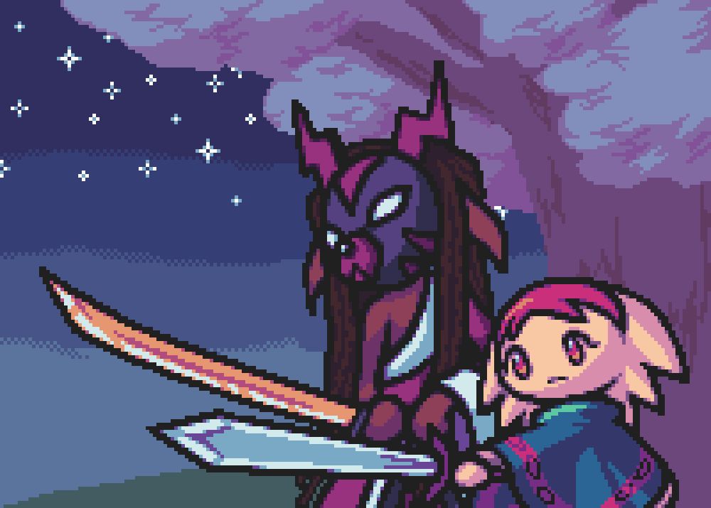 A nighttime scene of my character Lor learning how to use a sword with their mentor, Samsso. Samsso wields a golden blade and wears a mask that is the same as the one Lor sometimes wears albeit in a different color scheme