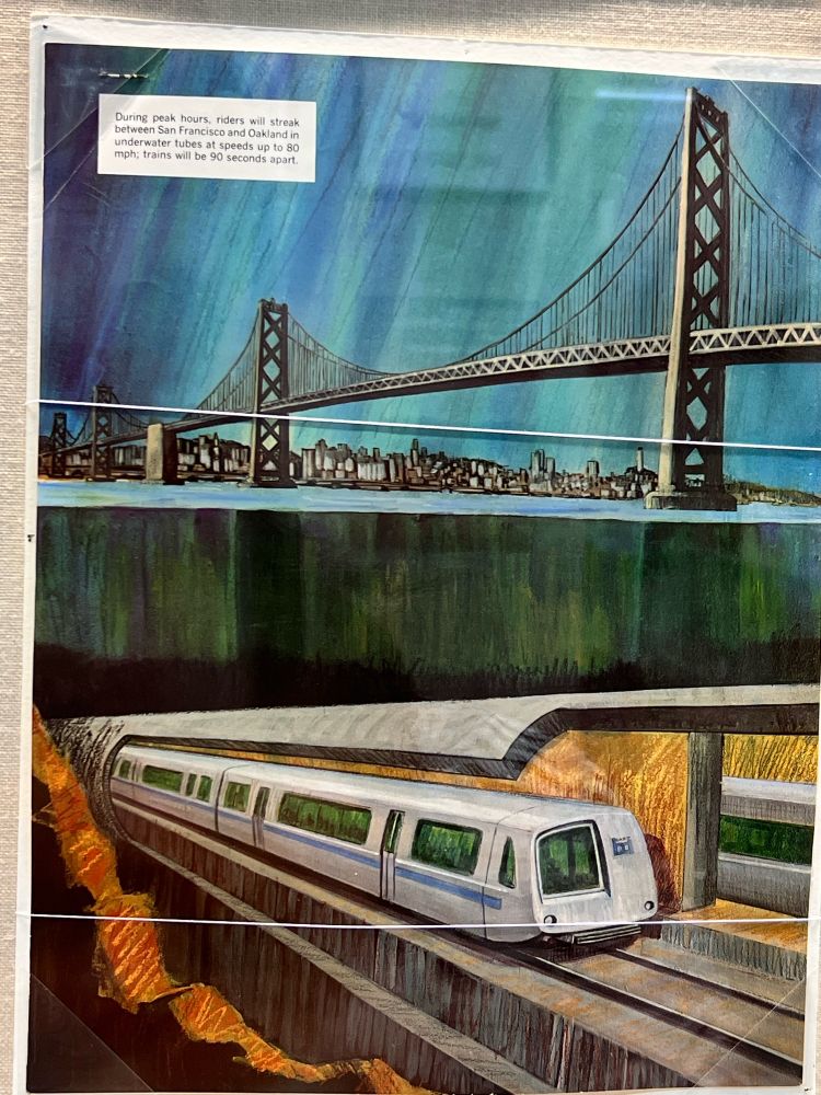 An illustration of the bay bridge and a depiction of the underwater BART tunnel. 