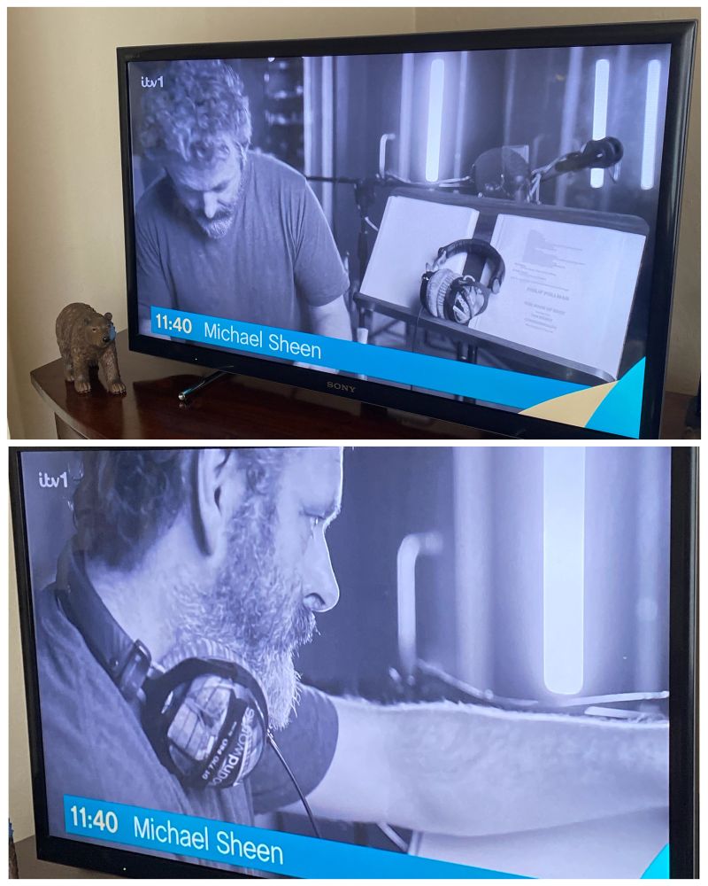 Two photos on a television screen of TV show This Morning featuring Michael Sheen with the text - 11:40 Michael Sheen 