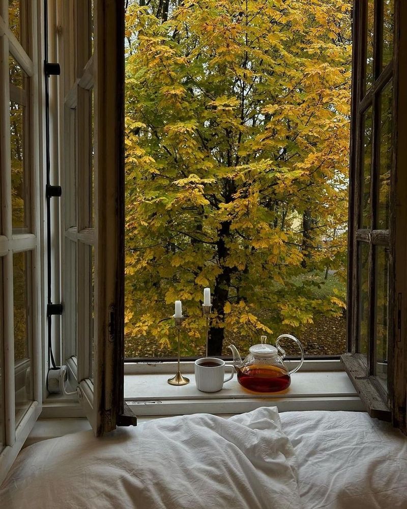 A glass teapot sits next to a white cup on the broad white windowsill of an open window. Pushed close up is what looks like the head of a bed: two white pillows. Outside is a tree in nearly full yellow autumn color.