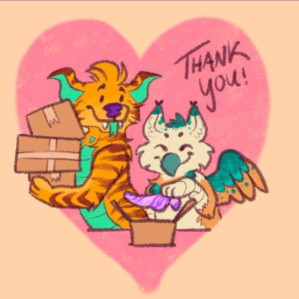 Cute illustration of CFT owner fursonas (Fuzz the orange monster and Peach the griffin) packing orders. The background is a heart shape with "THANK YOU" handwritten in the corner.