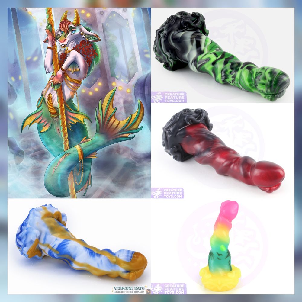 Collage of Calliope the Enchanted fantasy adult toys (one is a spooky marble if green and black, one is a rose petal red with black base, one resembles kintsugi, and one is in the Beach Trip pour. Calliope's illustration by Fuzz is also on the left side, showing a colorful Capricorn creature on a haunted carnival carousel.