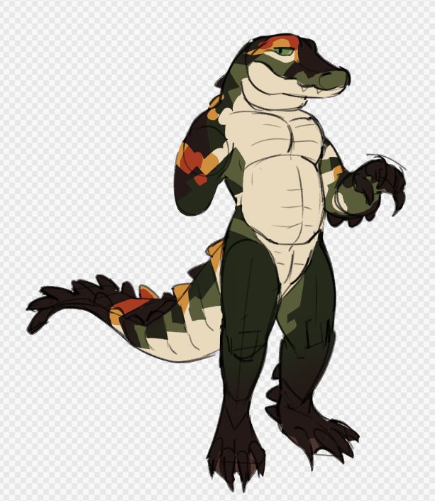 A green alligator with gold and orange stripes.