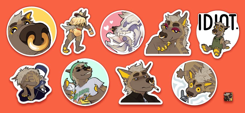 9 stickers on an orange background, depicting a striped hyena.