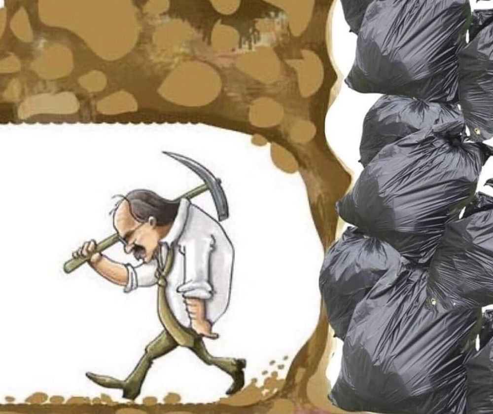 A man giving up just before he mines through the wall to a massive pile of garbage 
