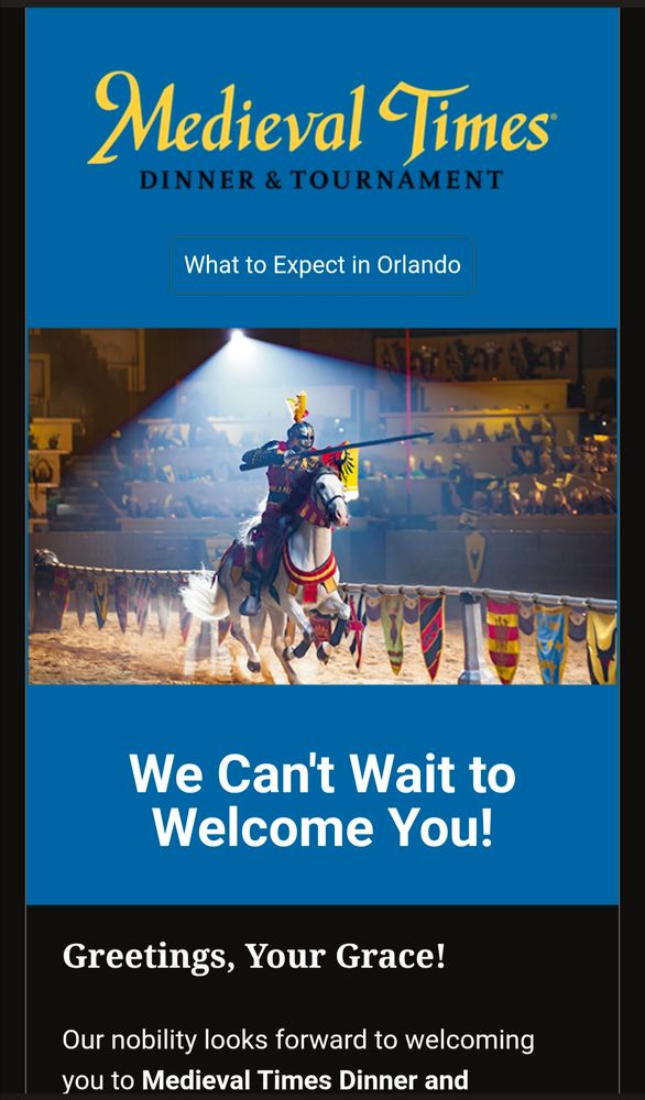 A screenshot of a confirmation/welcome email from Medieval Times 