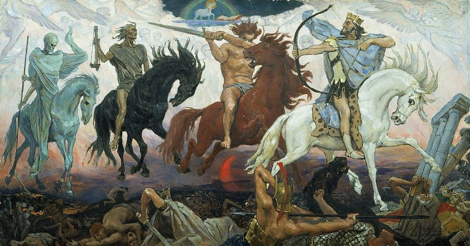Four Horsemen of the Apocalypse, an 1887 painting by Viktor Vasnetsov.
From left to right are Death, Famine, War, and Conquest; the Lamb is at the top.