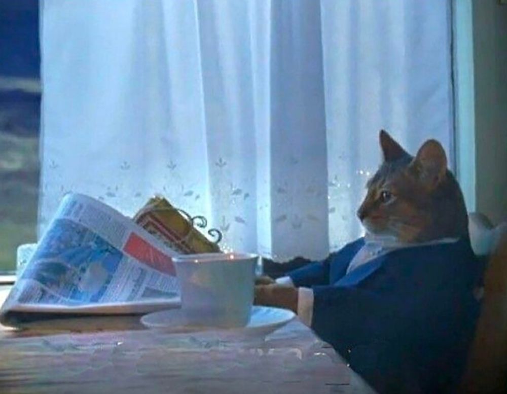 A cat sitting at the breakfast table wearing formal wear and reading a newspaper 

I don't know it's a meme