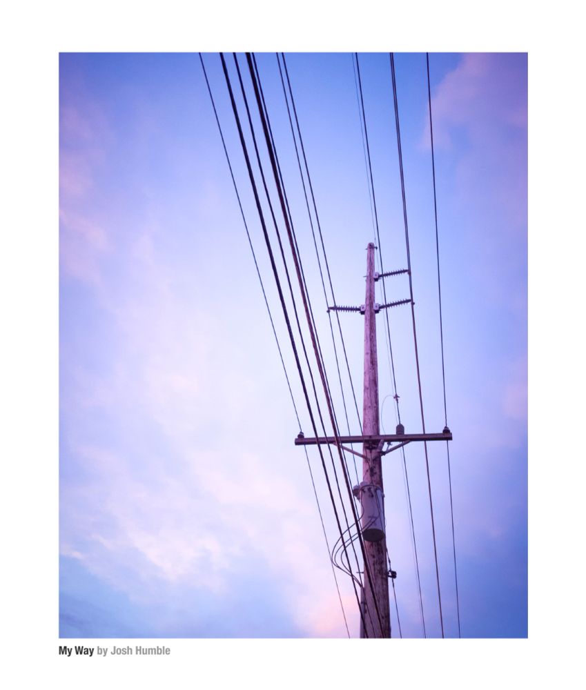 Art print of powerlines with colorful sky by Josh Humble.