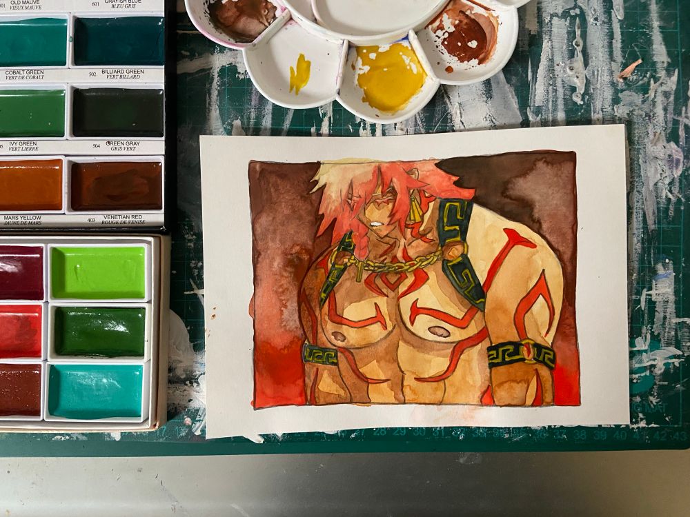 Watercolor painting of Mydei from Honkai Star Rail’s bust with my Japanese Watercolor sets and palette 