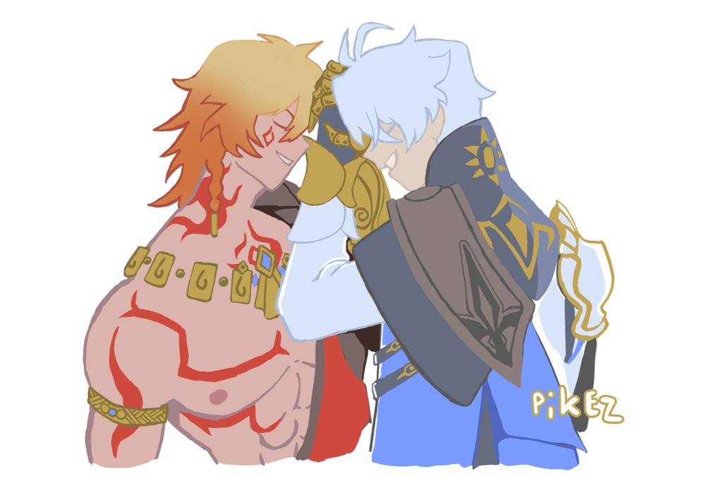 Mydei and Phainon holding hands on top of their heads 