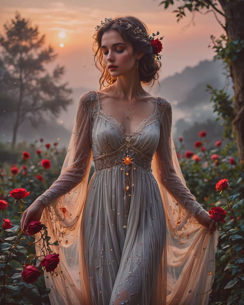 A beautiful, yet dreamy youthful figure clothed in gossamer chiffon, silk, & softest lace stars and moon symbols, standing in a dreamy, mystical scene.  She is bathed in the soft glow of dawn that comes from above.  The background looks wispy with tendrils of mist curling around her.  She has an ethereal beauty about her, dreaming of a long lost bittersweet memory. Her mood is wistful. She holds a single Crimson Rose & is gazing almost wistfully, at it. For this “Ethereal Elegance” theme masterpiece, the color palette is Soft Lavender dreamy backdrop. Pale Aqua.  Tranquil.  Blush Pink, adding warmth and delicacy. Creamy White, for a touch of purity.  Golden Champagne, for a hint of luxury.  Misty Gray, for depth and subtle contrast. Whimsical, elegant atmosphere. Sharp focus but blurred background. HD. Detailed. Print quality.
