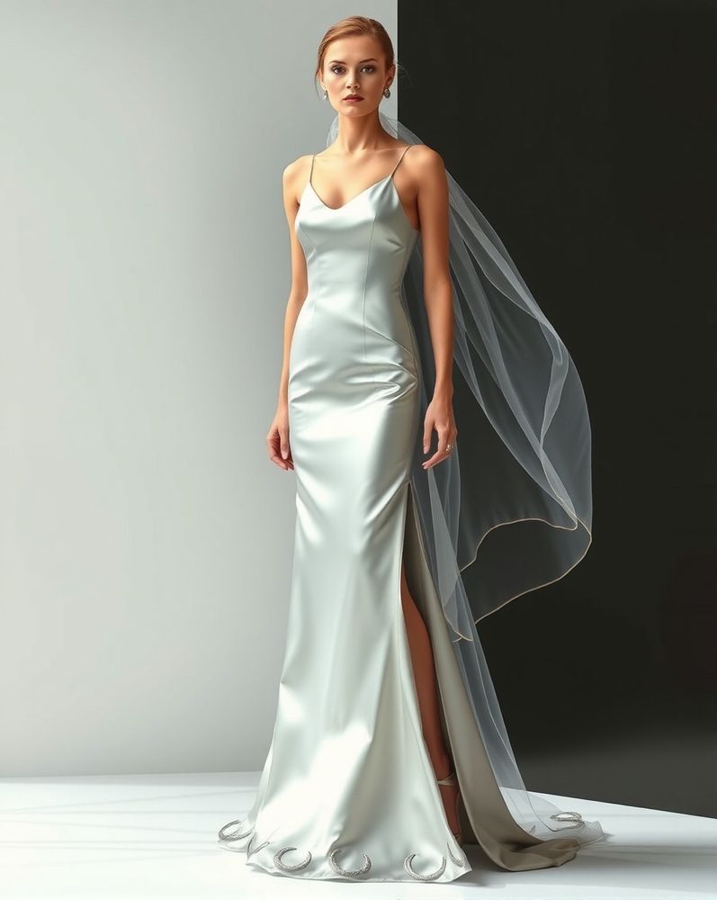 Create a modern evening gown inspired by the theme "Celestial Paradise," evoking the ethereal beauty of the cosmos with a blend of elegance and innovation. HD.  Fashionista. Model is a fair haired beauty. Detailed.  Lunar Veil Slip Dress
   A sleek, silver satin slip dress with a minimalist silhouette, reflecting the moon’s serene glow. The gown is overlaid with a translucent, iridescent organza veil that floats like lunar mist. Tiny metallic thread accents form crescent moon patterns along the hem, and a daring thigh-high slit adds modern allure.