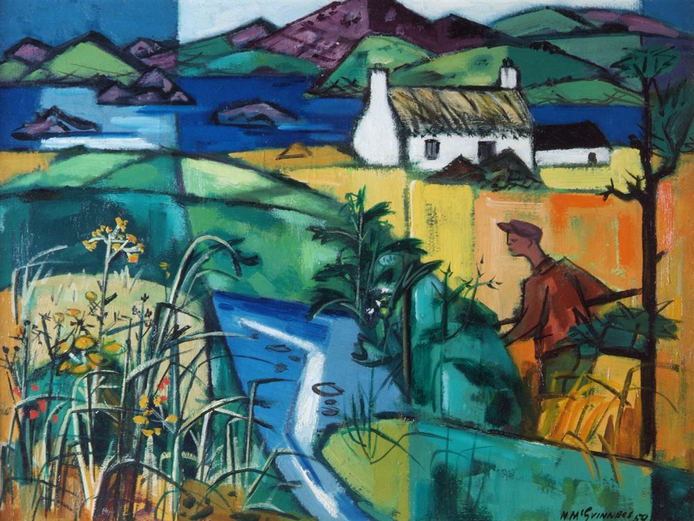 A colourful landscape painting dominated by tones of blue, green, and yellow. A figure walks alongside a river that flow towards the sea. A thatched cottage and purple mountains are in the distance.