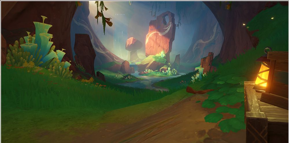 A large cavern, the sunlight seems to be streaming in from a crevice above, illuminating a large standing rock in the center of the space. There is a small waterfall at it's base and a pool of water. The rocks are covered in waved lines of graffiti. 