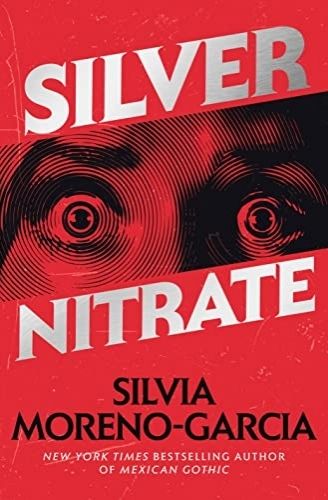the cover of silver nitrate is monochrome red and mostly solid, theres a strip in the center that only shows someones eyes that look terrified, also in red with circle rings surrounding their eyes that looks like a texture. potentially immitating what silver nitrate film looks like