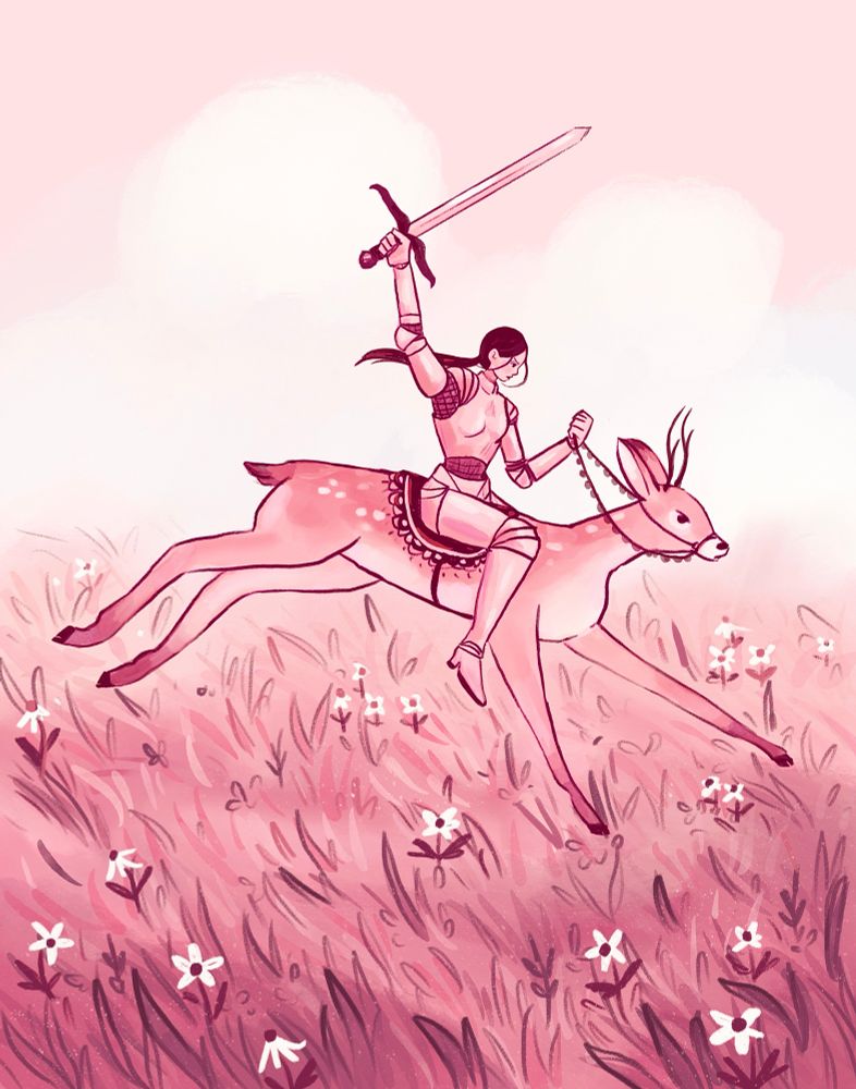 A person in armor holding a sword and riding a deer into battle across a soft pink landscape