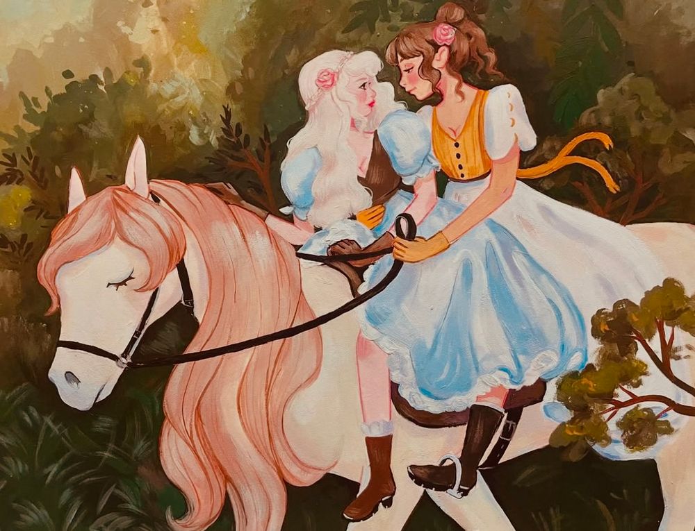 A gouache painting of two female figures in regency dresses riding a horse through a soft green landscape