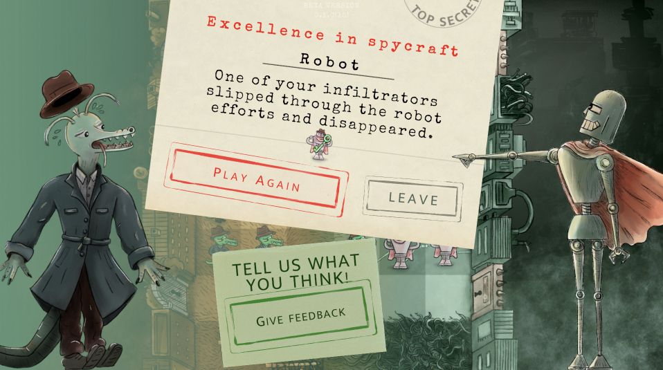 End game screen from Spy Masters showing a triumphant robot, a surprised alien a success message and a give feedback button