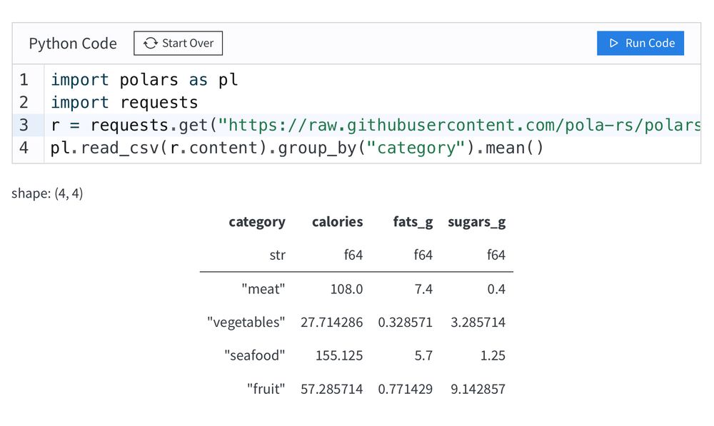 A screenshot of a Quarto Live code cell executing Polars code:

import polars as pl
import requests
r = requests.get("https://raw.githubusercontent.com/pola-rs/polars/refs/heads/main/examples/datasets/foods2.csv")
pl.read_csv(r.content).group_by("category").mean()