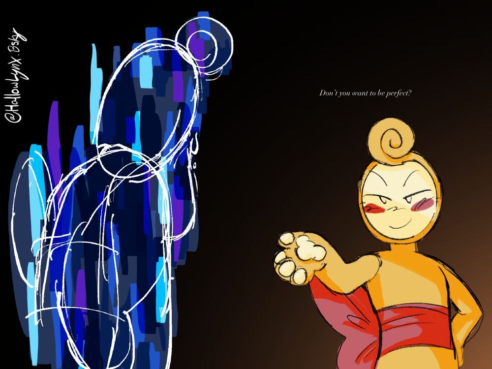 A figure of glisten from dandys world in different shades of sadness stand on the left side of the screen, tears coming from his hidden face, slouched over, on the right side of the screen, we have the glisten we see in game, full of brightness and radiating confidence as he holds his hand out to the first figure, small text floats above his head reading, "don't you want to be perfect?"