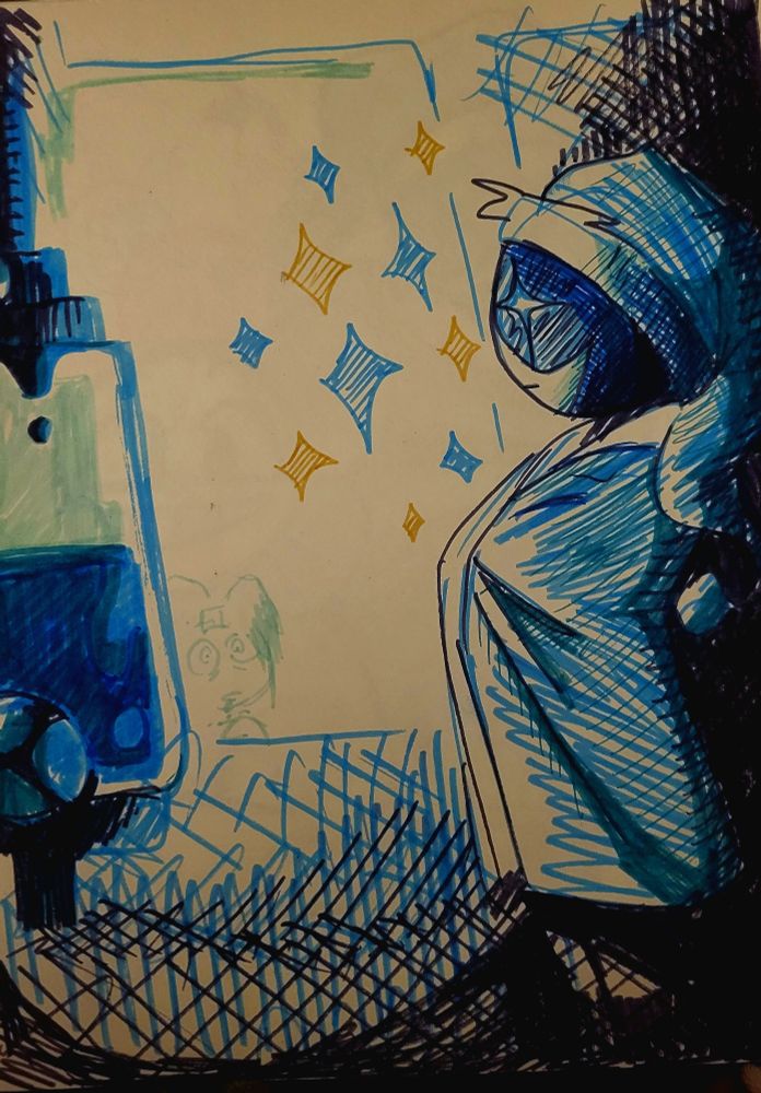 A drawing of astro from dandys world using small stars to light his way down a hall