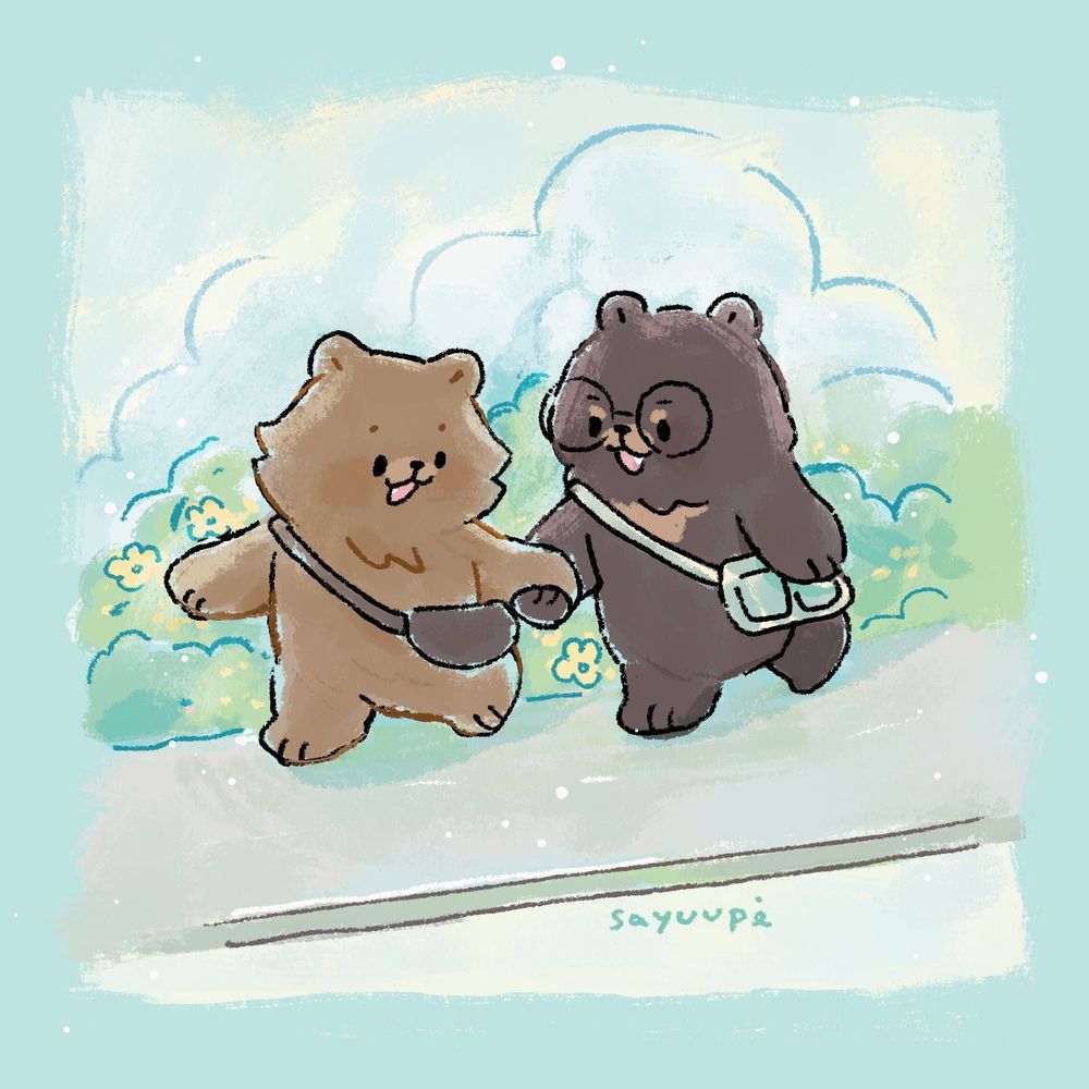 An illustration of two bears, sun bears and brown bears strolling in cozy Sunday morning