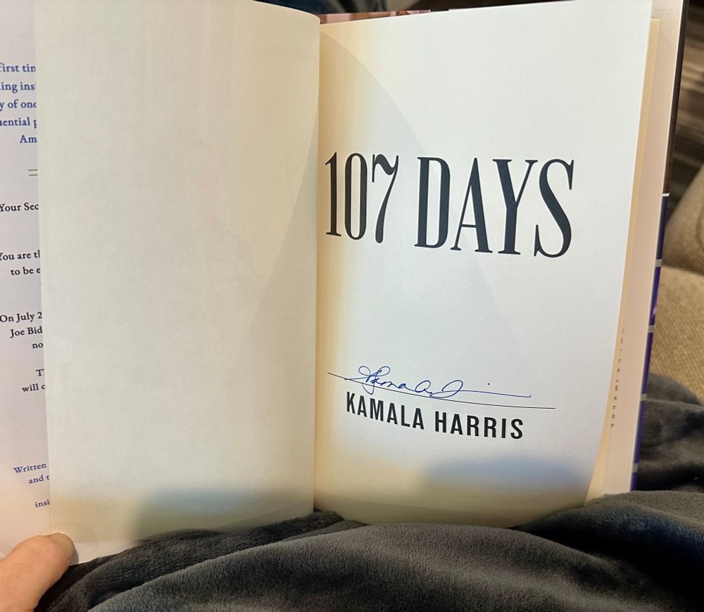 Front page of 107 Days, signed by Kamala Harris.