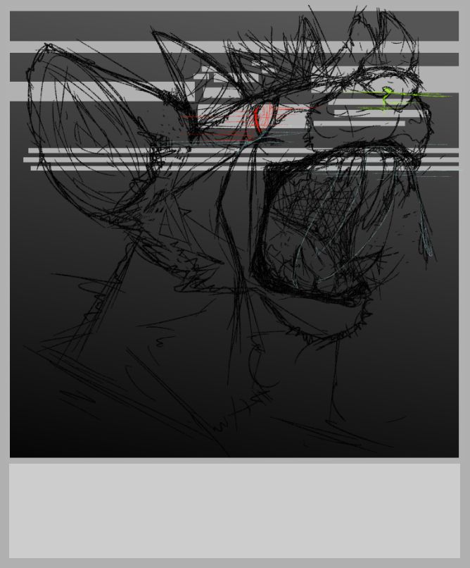 A dark grayscale background with a frantic pencil-style sketch of an anthropomorphic rat beast. It has large ears, horns, a gaping mouth, sharp teeth, and glowing red thin pupil eyes, and bright green snot from the nose. Several horizontal lines slice through the drawing like interference. Framed like a Polaroid. 