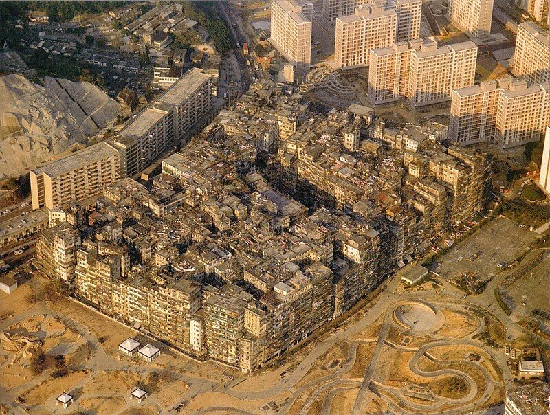 An overhead view of the former ungoverned urban settlement of Kowloon Walled City.