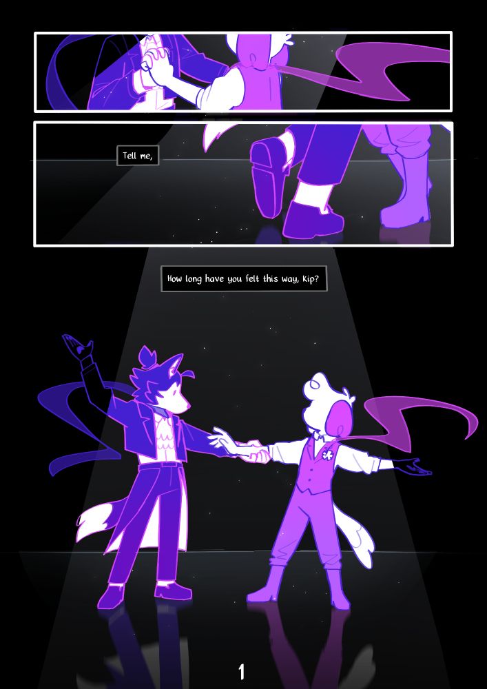 Page 1 : A digital comic page featuring colorful, anthropomorphic animals. Panel 1: A husky (Mason) and beagle (Kip) are dancing in a black void. Panel 2 : A close-up of both character's shoes as they are dancing Mason : 
