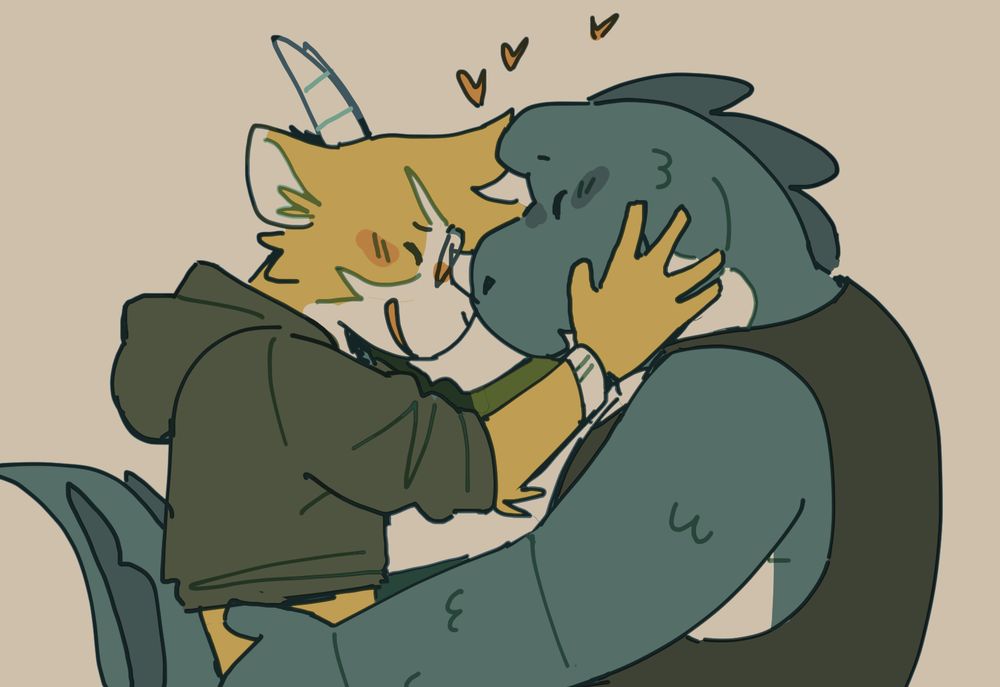 A series of colored cutesy sketches of an anthropomorphic goat and crocodile couple embracing, kissing, and cuddling.