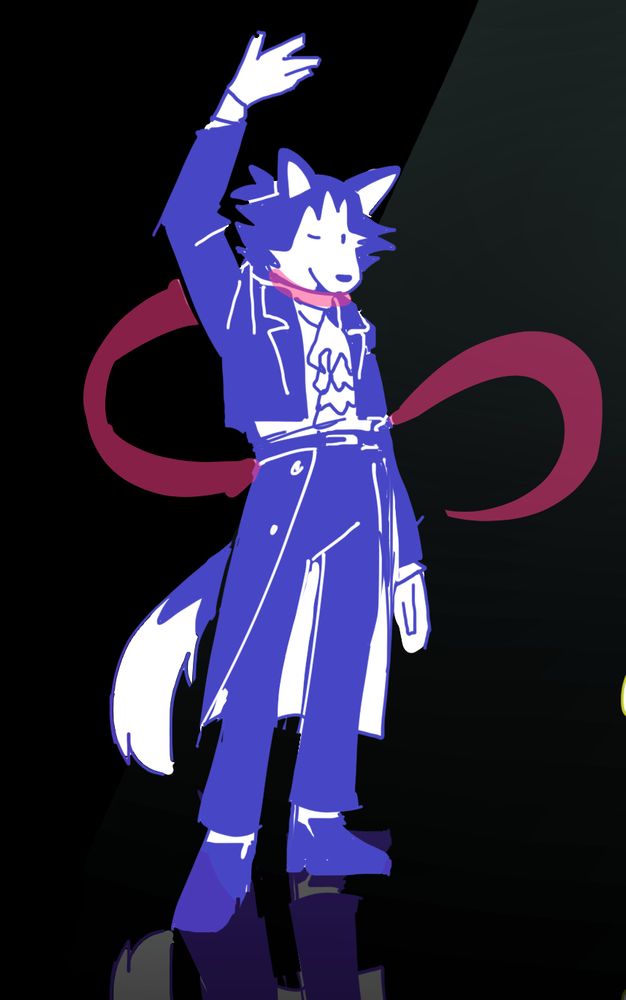 a two-tone sketch of an anthropomorphic husky wearing a modern formal suit and a sheer scarf posing in a black void