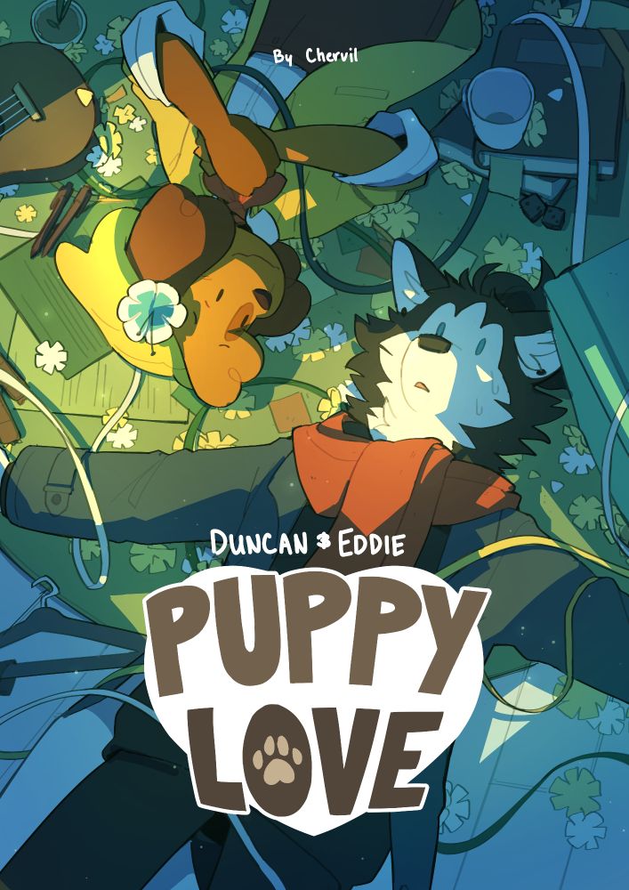 A colorful digital illustration of two anthropomorphic dogs laying on the ground of a room, with flowers and ribbons littered around them. The husky on the right has an empty expression, while the beagle on the left stares at the husky sweetly. Gentle lime lighting cascades over them, with a heavy blue shadow framing their faces in the center of the composition. A title is overlaid over the entire image, reading "Duncan and Eddie: Puppy Love" with the caption "By Chervil" written at the top.
