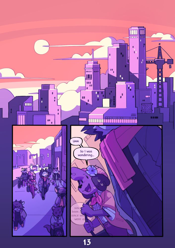 Page 13 : A digital comic page featuring colorful, anthropomorphic animals. Panel 1 : A wide shot of the city skyline. The sun is setting. Panel 2 : Kip and Mason are walking down the street, silent. Panel 3 : A closer shot of Kip and Mason. Kip gathers the courage to start talking. Kip : 