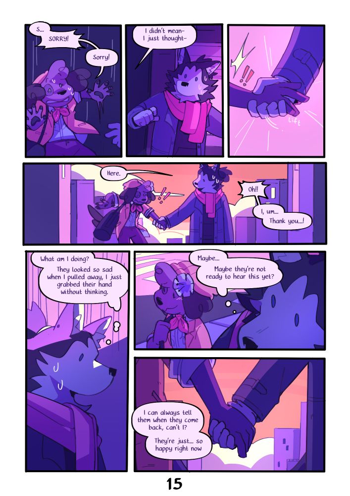 Page 15 : A digital comic page featuring colorful, anthropomorphic animals. Panel 1 : Kip is thrown off and rattled, immediately apologizing. Kip : 