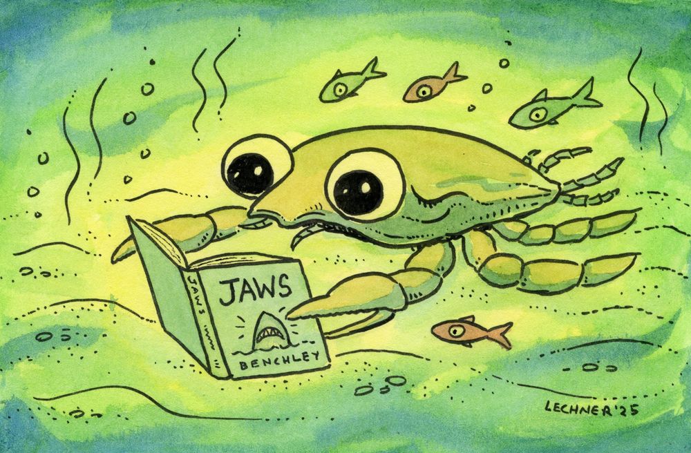 Ink and watercolor drawing in shades of green and blue, depicting a crab with very large eyes, reading the book "Jaws" underwater, as tiny fish look on. 